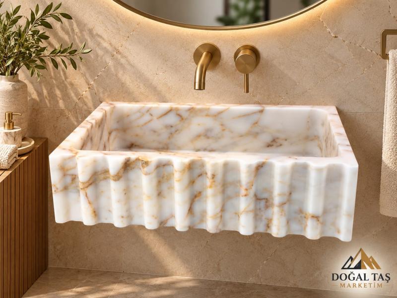 Calacatta Gold Mermer Lavabo Banyo Lavabosu